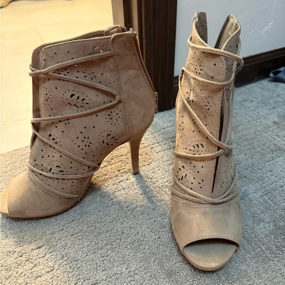 Tan Heeled Boots with Peep-Toe and Cutout Design